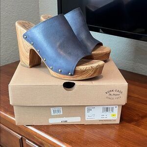 Kork-Ease Blue Leather Mules with Wooden Heel